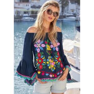 RUBY YAYA vibrant Boho embroidered top/size large
